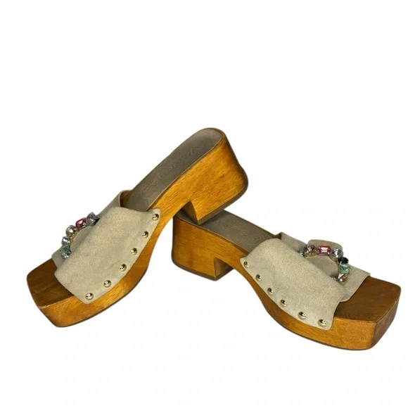 Vicenza Y2K 90s Fashion Wooden Mule Leather Embellished Buckle Heels Size 38 7 - Picture 6 of 10